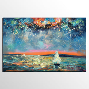 Large Canvas Art Painting, Custom Large Oil Painting, Sail Boat under Starry Night Painting-Paintingforhome