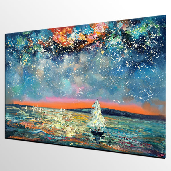 Large Canvas Art Painting, Custom Large Oil Painting, Sail Boat under Starry Night Painting-Paintingforhome