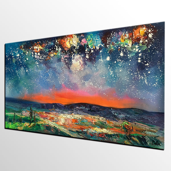 Canvas Painting for Dining Room, Custom Extra Large Painting, Starry Night Sky Painting, Original Landscape Painting-Paintingforhome