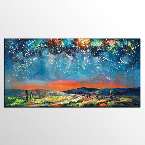 Canvas Painting for Bedroom, Starry Night Sky Painting, Custom Landscape Painting-Paintingforhome