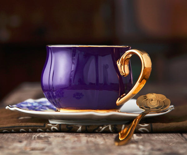 Elegant Purple Ceramic Cups, Unique Coffee Cup and Saucer in Gift Box as Birthday Gift, Beautiful British Tea Cups, Creative Bone China Porcelain Tea Cup Set-Paintingforhome