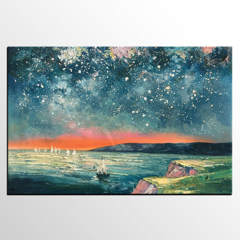 Heavy Texture Painting, Landscape Oil Painting, Starry Night Sky Painting, Custom Large Canvas Painting-Paintingforhome