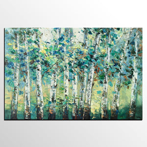 Heavy Texture Canvas Painting, Abstract Landscape Painting, Custom Canvas Painting, Autumn Birch Tree-Paintingforhome