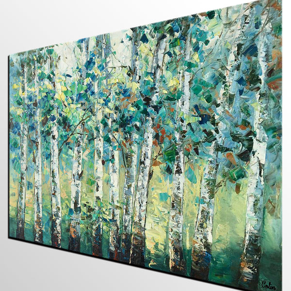 Heavy Texture Canvas Painting, Abstract Landscape Painting, Custom Canvas Painting, Autumn Birch Tree-Paintingforhome