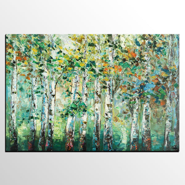 Heavy Texture Canvas Painting, Abstract Landscape Painting, Custom Canvas Painting, Autumn Birch Tree-Paintingforhome