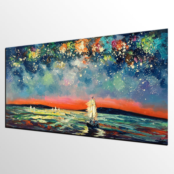 Sail Boat under Starry Night Sky Painting, Landscape Painting, Original Artwork, Custom Extra Large Canvas Painting-Paintingforhome