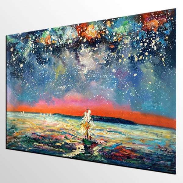 Canvas Painting, Abstract Art, Sail Boat under Starry Night Sky, Custom Landscape Wall Art, Original Painting-Paintingforhome