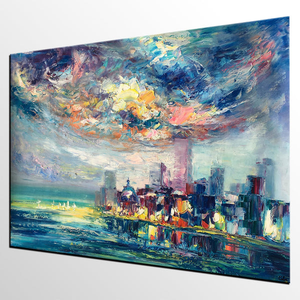 Cityscape Painting, Oil Painting on Canvas, Custom Landscape Canvas Painting, Heavy Texture Wall Art Paintings-Paintingforhome