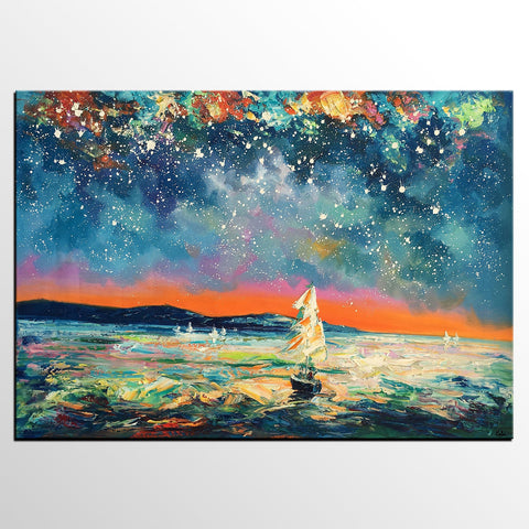 Modern Abstract Art, Oil Painting, Starry Night Sky, Landscape Painting, Bedroom Wall Art-Paintingforhome