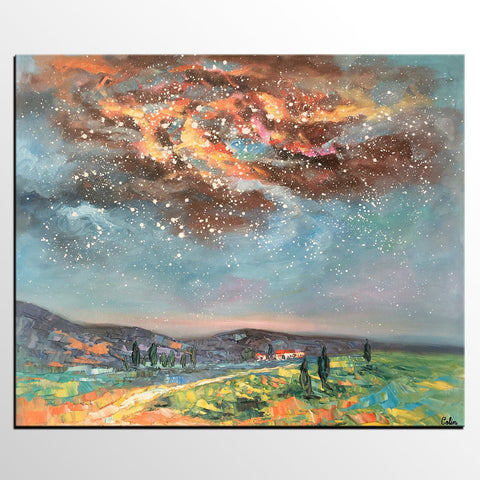 Landscape Oil Painting, Starry Night Sky Painting, Heavy Texture Painting, Custom Abstract Painting-Paintingforhome