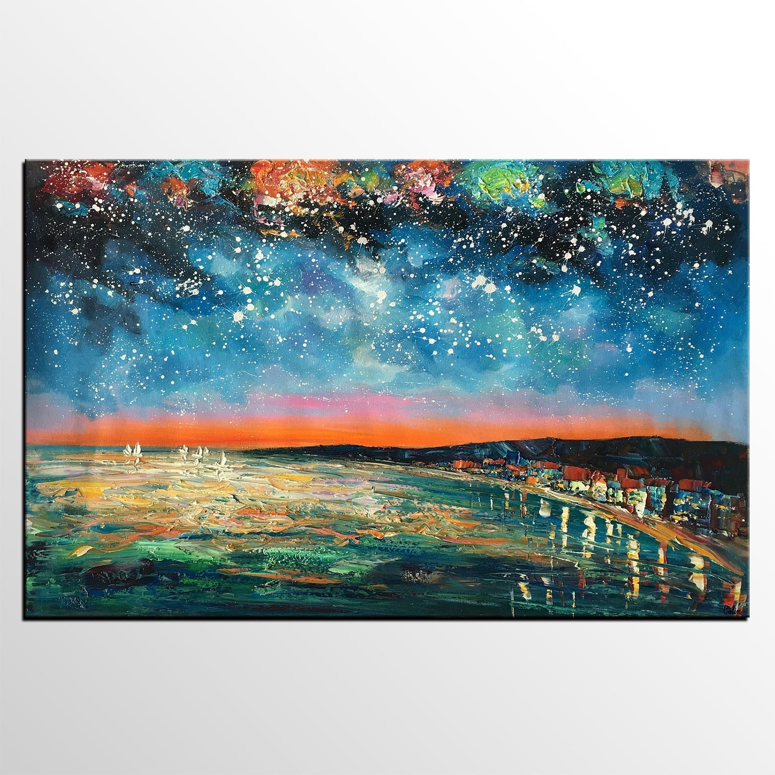 Landscape Painting, Starry Night Oil Painting, Original Wall Art, Custom Large Canvas Art-Paintingforhome