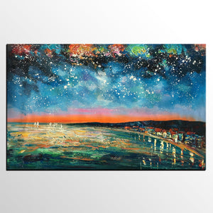 Landscape Painting, Starry Night Oil Painting, Original Wall Art, Custom Large Canvas Art-Paintingforhome