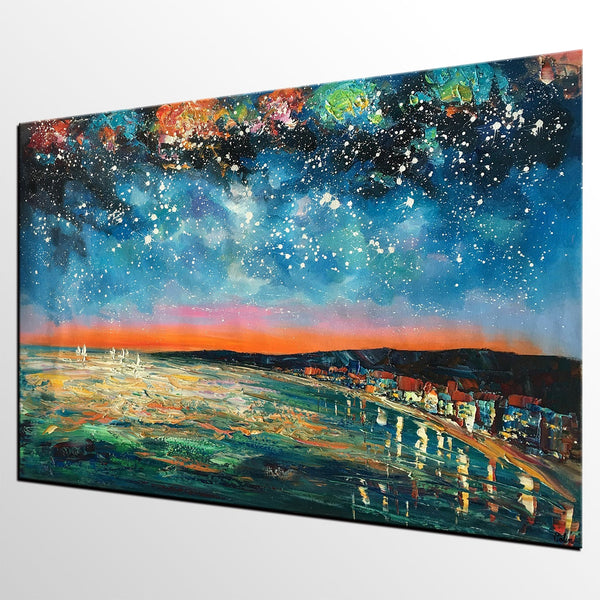 Landscape Painting, Starry Night Oil Painting, Original Wall Art, Custom Large Canvas Art-Paintingforhome