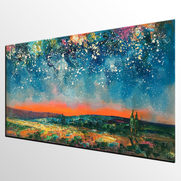 Original Landscape Painting, Starry Night Sky Painting, Bedroom Wall Art Paintings, Custom Original Painting for Sale-Paintingforhome