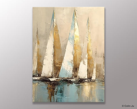 Sail Boat Abstract Painting, Landscape Canvas Paintings for Dining Room, Acrylic Painting on Canvas, Original Landscape Abstract Painting-Paintingforhome