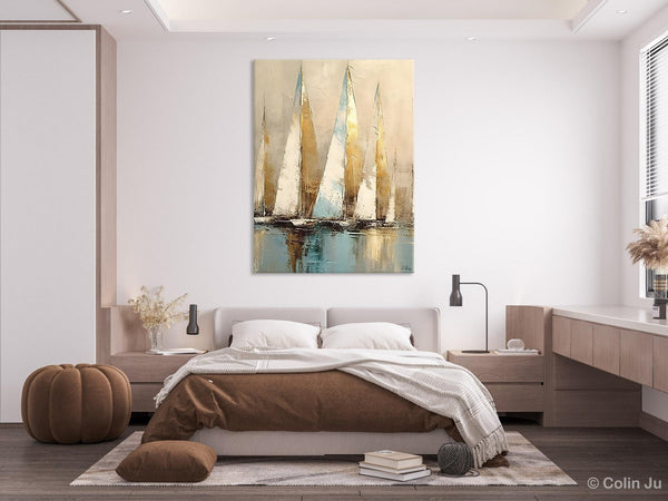 Sail Boat Abstract Painting, Landscape Canvas Paintings for Dining Room, Acrylic Painting on Canvas, Original Landscape Abstract Painting-Paintingforhome