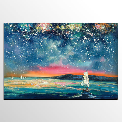 Landscape Oil Paintings, Sail Boat under Starry Night Sky Painting, Landscape Canvas Paintings, Custom Landscape Wall Art Paintings for Living Room-Paintingforhome