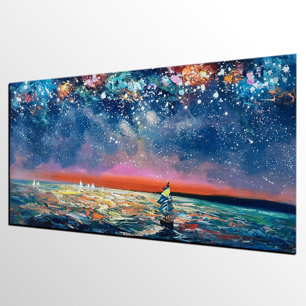 Bedroom Canvas Art, Landscape Painting, Boat under Starry Night Sky Painting, Custom Large Painting-Paintingforhome