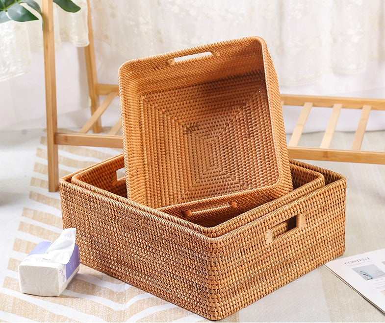 Hansimon Handmade Rectangle Woven Wood RattanTray With Lid and Hold Basket for Home Cloth Bathroom Living Room hotsell Storage Housewarming Gift