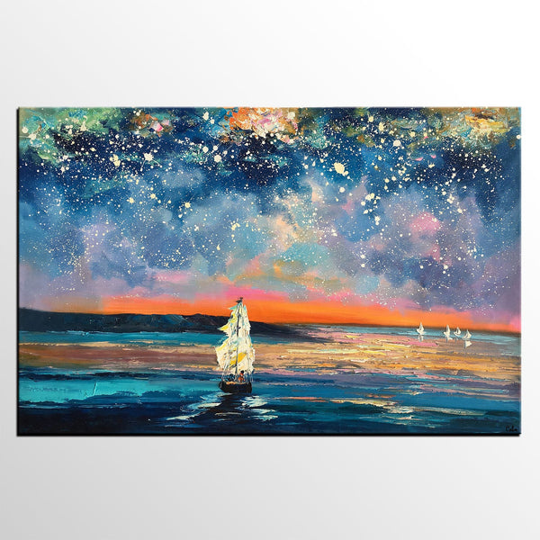 Landscape Canvas Painting, Large Canvas Wall Art, Starry Night Sky Painting, Custom Canvas Painting for Bedroom-Paintingforhome