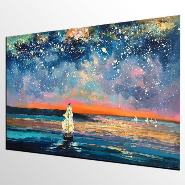 Landscape Canvas Painting, Large Canvas Wall Art, Starry Night Sky Painting, Custom Canvas Painting for Bedroom-Paintingforhome