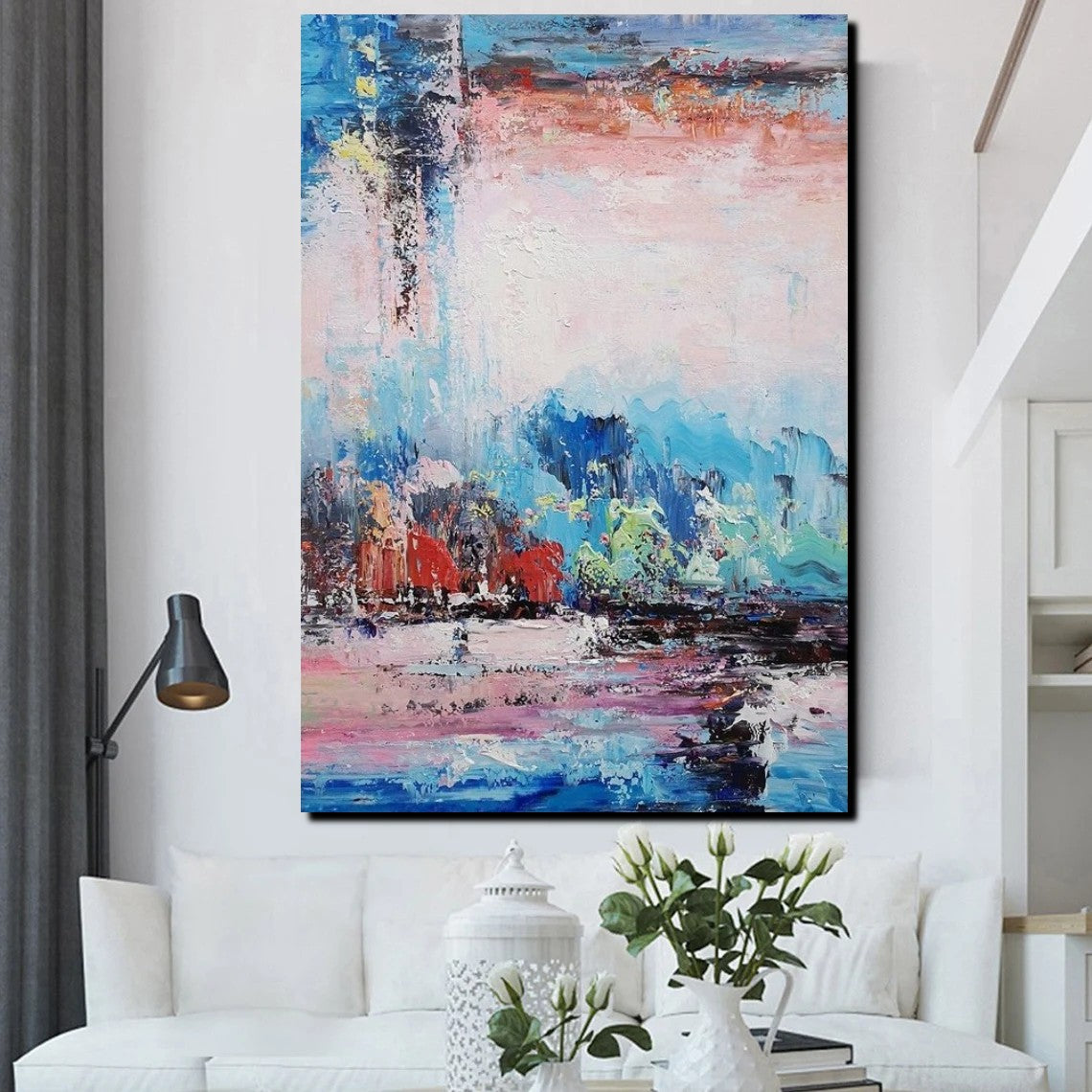 Modern Paintings Behind Sofa, Abstract Paintings for Living Room, Pale ...